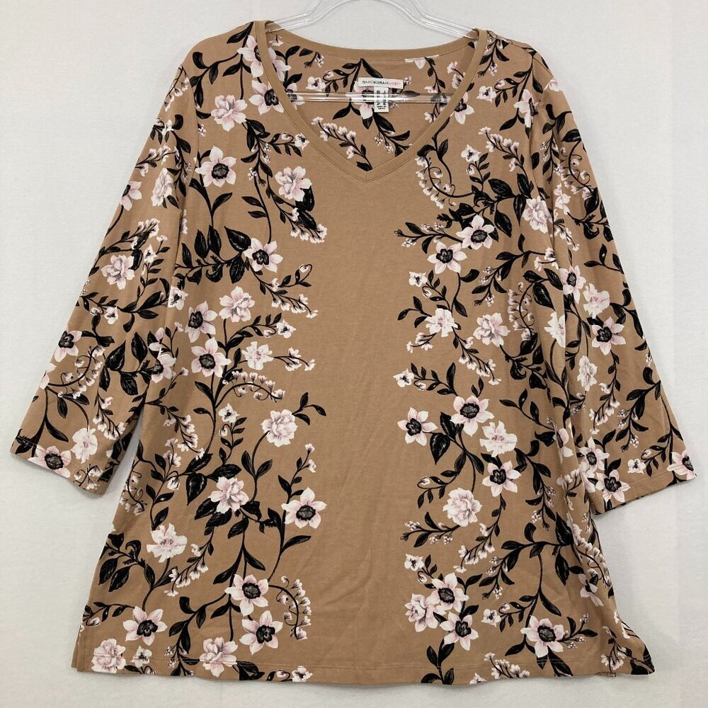 Isaac Mizrahi Large Brown Pink Floral V Neck Stretch Knit Blouse Feminine